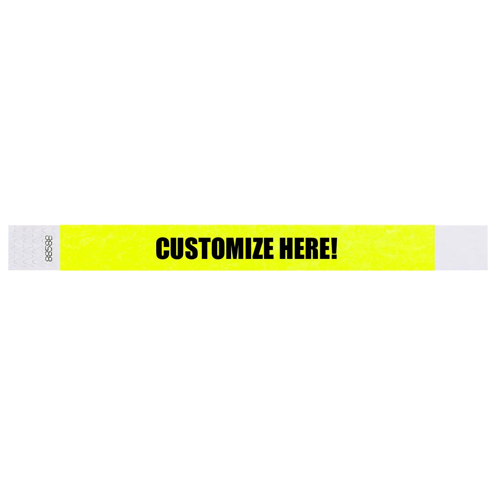 Tyvek 1" wristband in solid neon yellow with black text "CUSTOMIZE HERE!" - shown in flat 