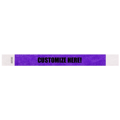 Tyvek 1" wristband in solid purple with black text "CUSTOMIZE HERE!" - shown in flat 