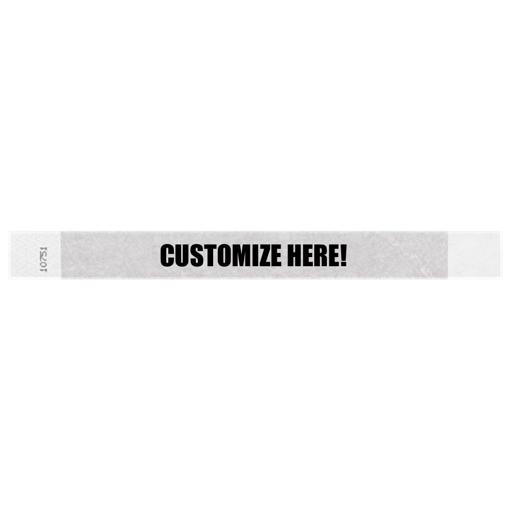 Tyvek 1" wristband in solid silver with black text "CUSTOMIZE HERE!" - shown in flat 