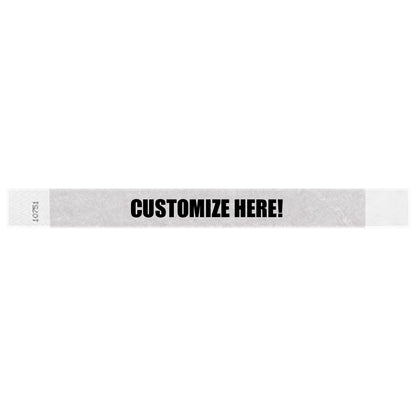 Tyvek 1" wristband in solid silver with black text "CUSTOMIZE HERE!" - shown in flat 