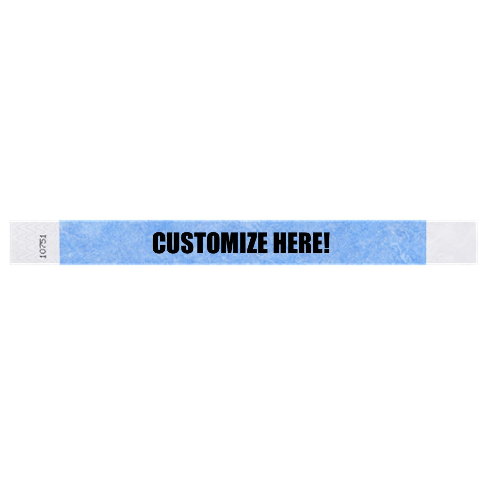 Tyvek 1" wristband in solid sky blue with black text "CUSTOMIZE HERE!" - shown in flat 