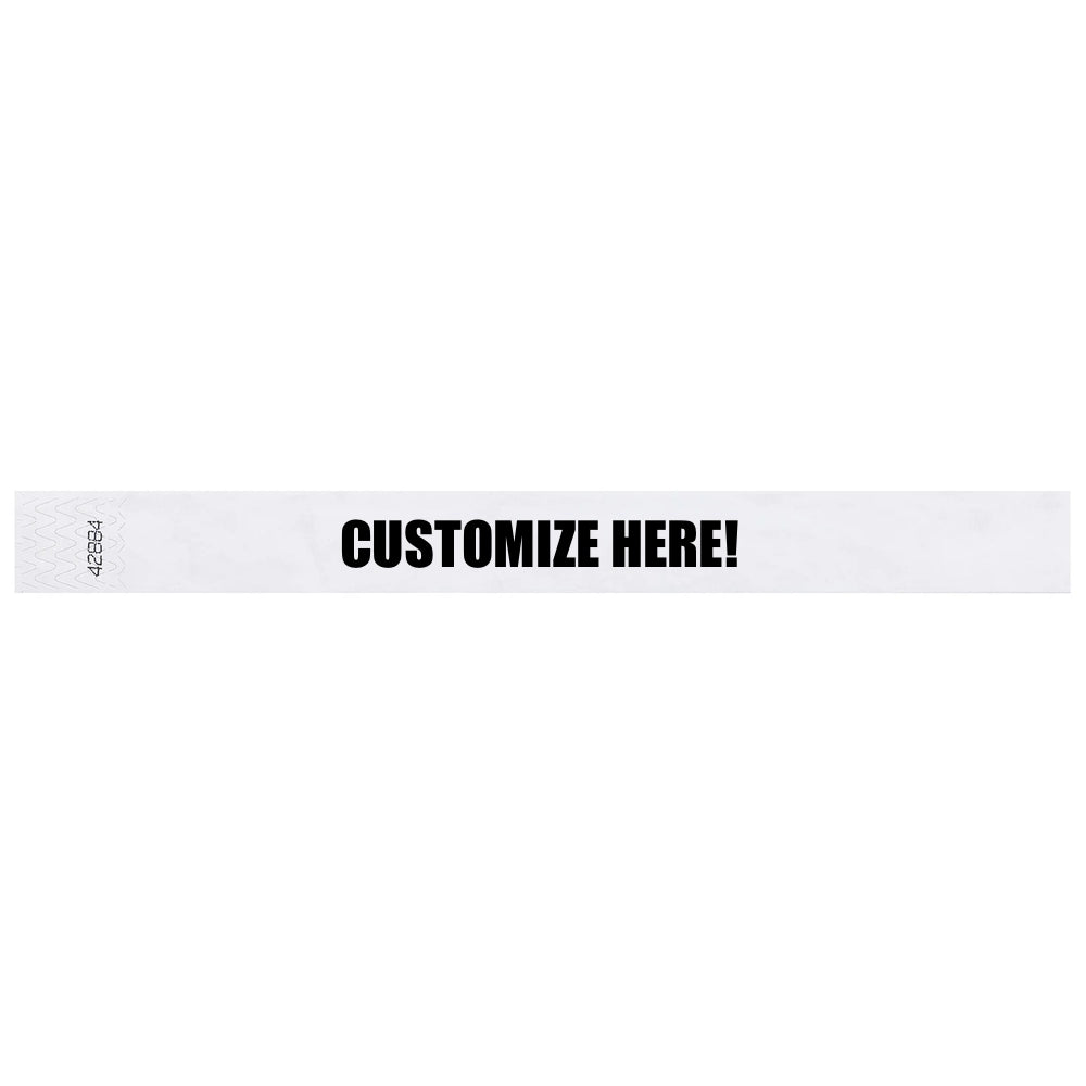 Tyvek 1" wristband in solid white with black text "CUSTOMIZE HERE!" - shown in flat 