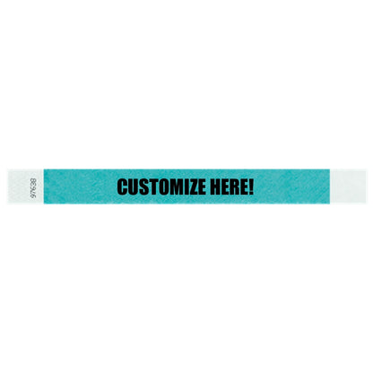 Tyvek 1" wristband in solid caribbean blue with black text "CUSTOMIZE HERE!" - shown in flat 