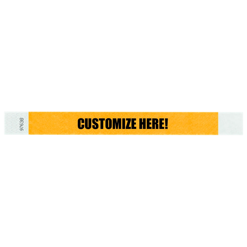 Tyvek 1" wristband in solid goldenrod with black text "CUSTOMIZE HERE!" - shown in flat 