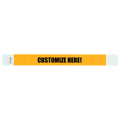 Tyvek 1" wristband in solid goldenrod with black text "CUSTOMIZE HERE!" - shown in flat 