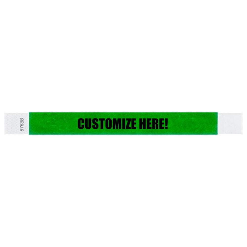 Tyvek 1" wristband in solid kelly green with black text "CUSTOMIZE HERE!" - shown in flat 
