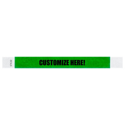 Tyvek 1" wristband in solid kelly green with black text "CUSTOMIZE HERE!" - shown in flat 