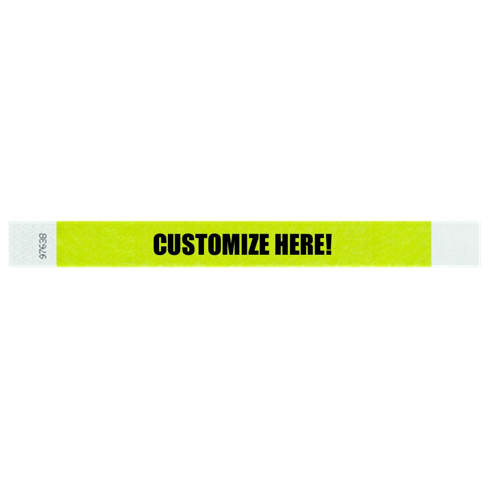 Tyvek 1" wristband in solid lime green with black text "CUSTOMIZE HERE!" - shown in flat 