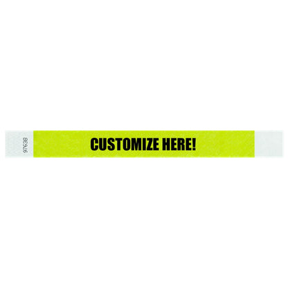 Tyvek 1" wristband in solid lime green with black text "CUSTOMIZE HERE!" - shown in flat 