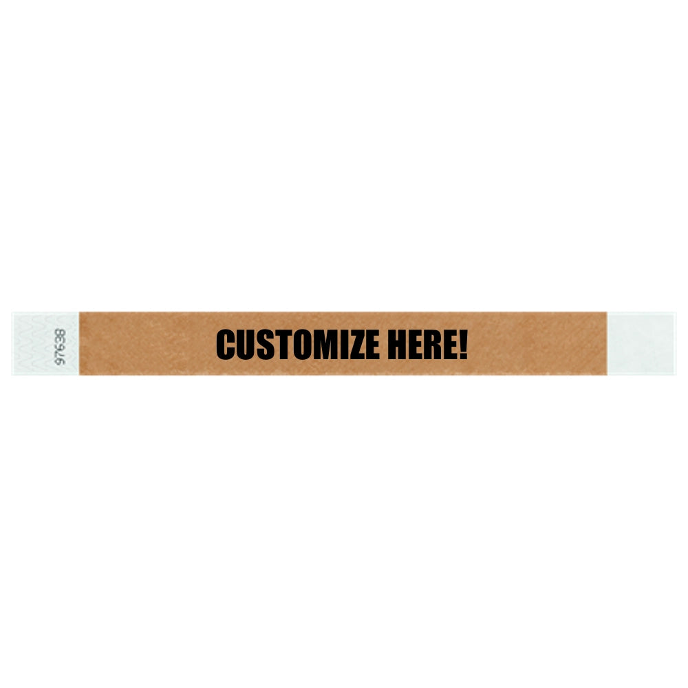 Tyvek 1" wristband in solid mocha with black text "CUSTOMIZE HERE!" - shown in flat 