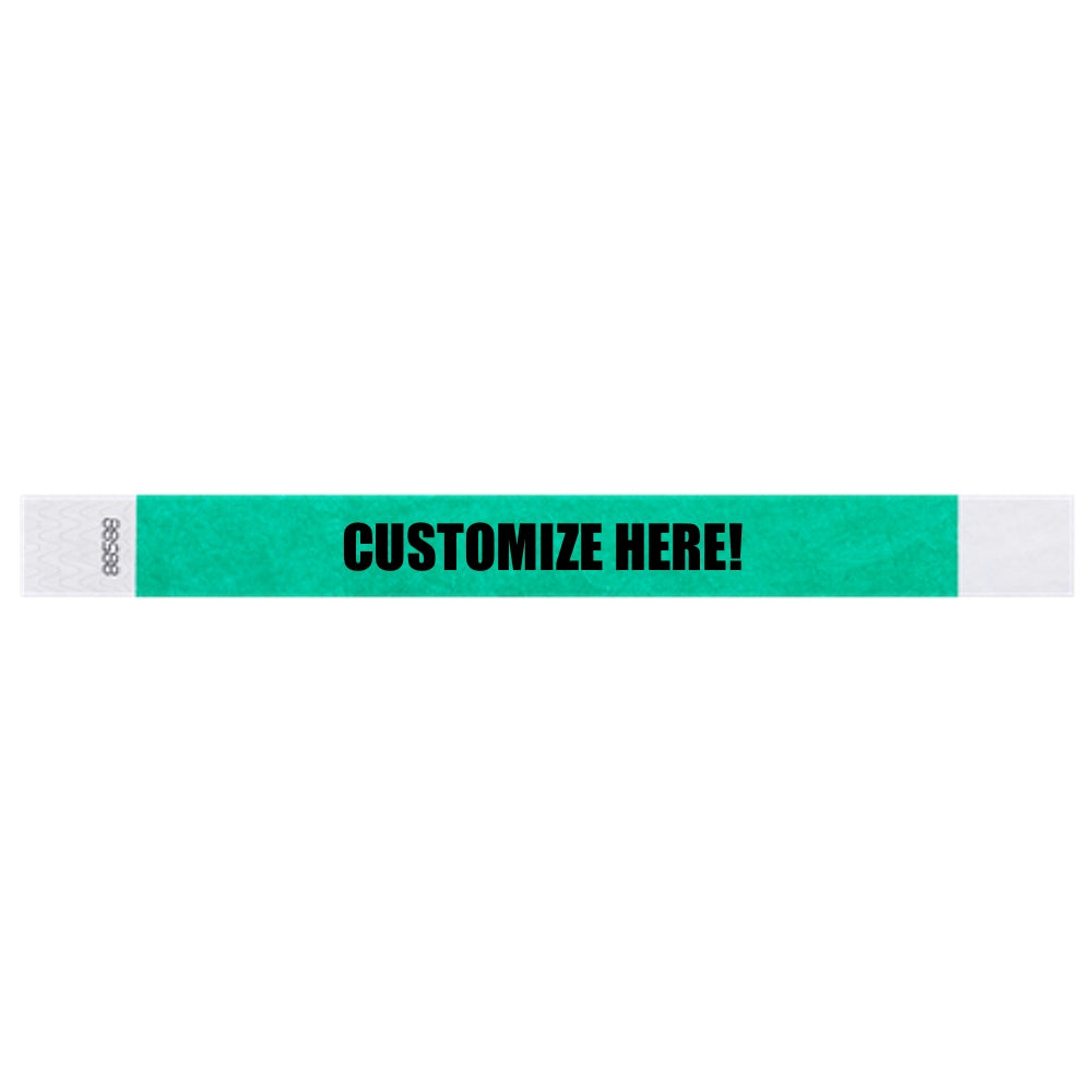 Tyvek 1" wristband in solid pantone green with black text "CUSTOMIZE HERE!" - shown in flat 