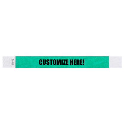 Tyvek 1" wristband in solid pantone green with black text "CUSTOMIZE HERE!" - shown in flat 