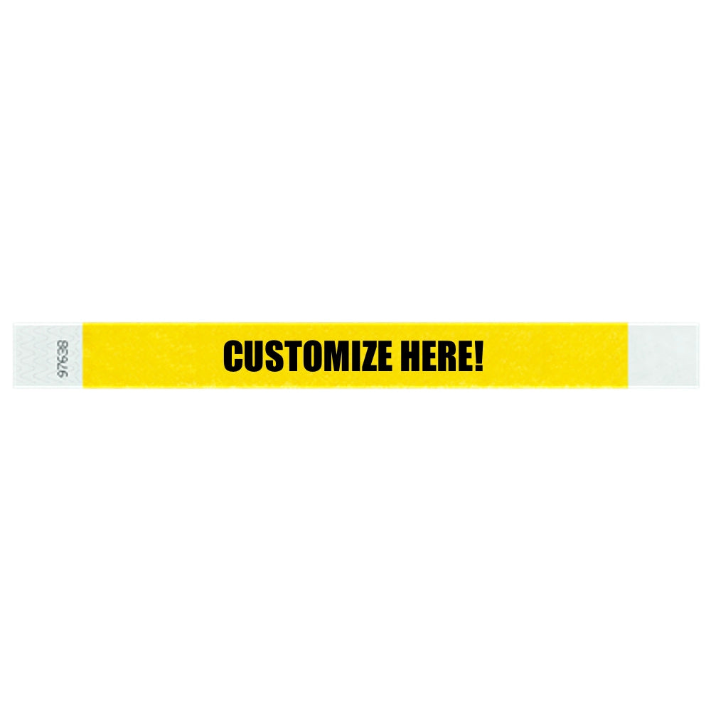 Tyvek 1" wristband in solid pantoneyellow with black text "CUSTOMIZE HERE!" - shown in flat 