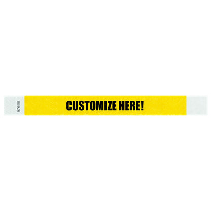 Tyvek 1" wristband in solid pantoneyellow with black text "CUSTOMIZE HERE!" - shown in flat 