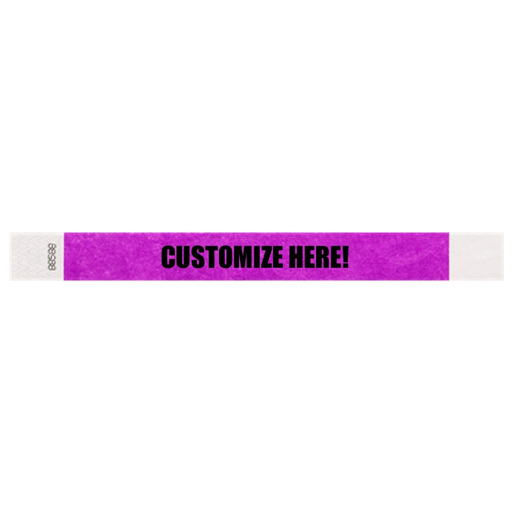 Tyvek 1" wristband in solid pantone purple with black text "CUSTOMIZE HERE!" - shown in flat 