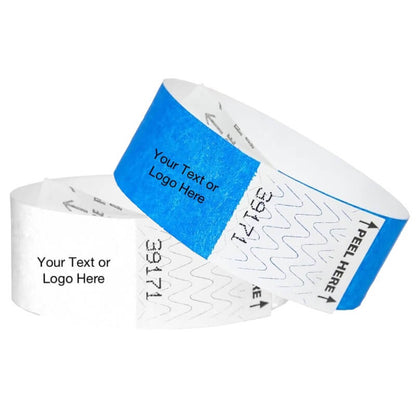 tyvek 1" litter free custom wristbands shown in neon blue and white with a placeholder to customize with a text or logo