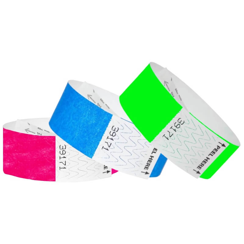 tyvek 1" litter free wristbands shown in neon blue, neon green and neon pink