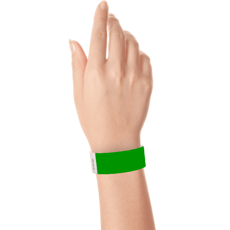 kelly green tyvek 1" solid wristband on hand 