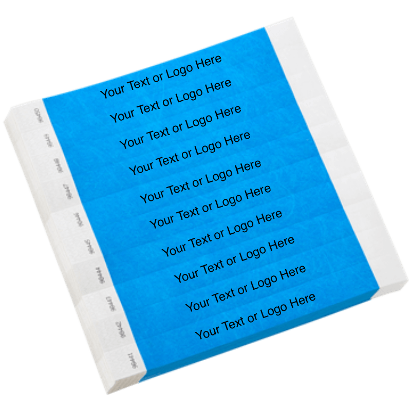 neon blue tyvek 1" solid wristband with a placeholder to customize with your text or logo shown in sheets of 10