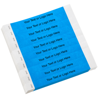 neon blue tyvek 1" solid wristband with a placeholder to customize with your text or logo shown in sheets of 10
