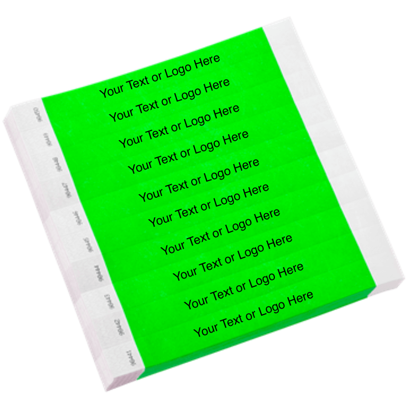 neon green tyvek 1" solid wristband with a placeholder to customize with your text or logo shown in sheets of 10