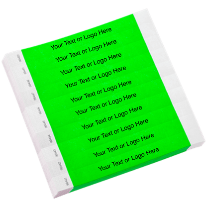 neon green tyvek 1" solid wristband with a placeholder to customize with your text or logo shown in sheets of 10
