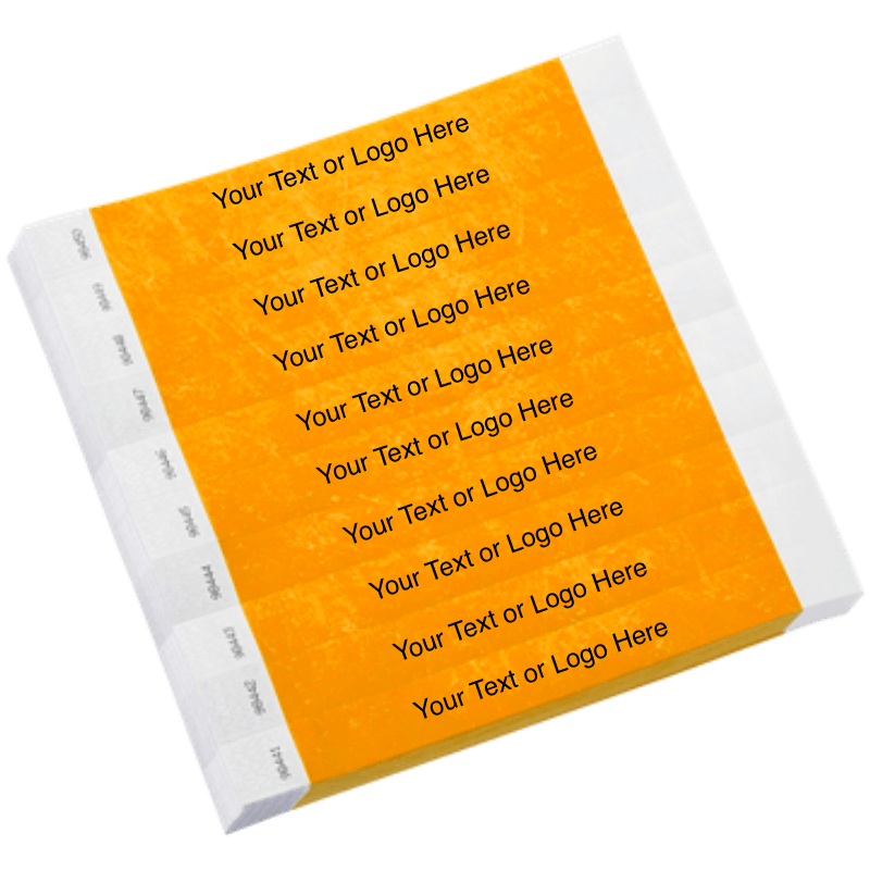 neon orange tyvek 1" solid wristband with a placeholder to customize with your text or logo shown in sheets of 10