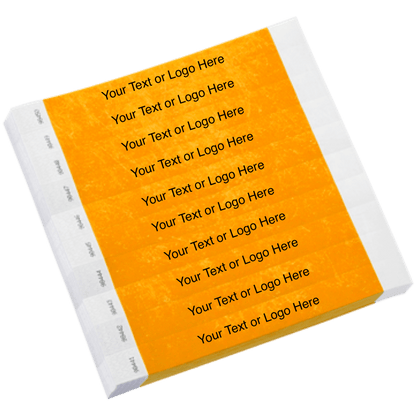 neon orange tyvek 1" solid wristband with a placeholder to customize with your text or logo shown in sheets of 10