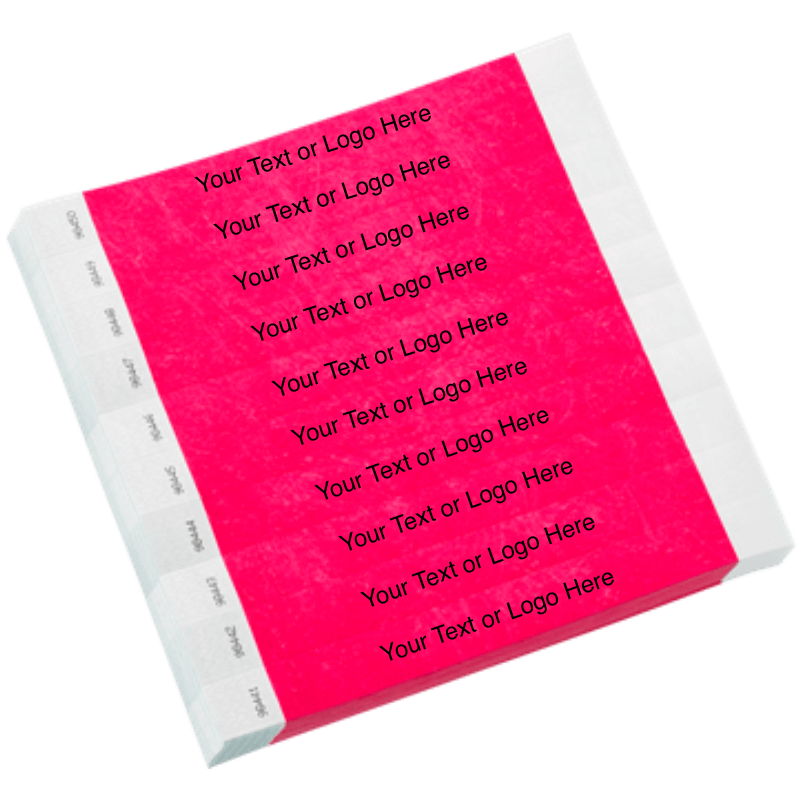 neon pink tyvek 1" solid wristband with a placeholder to customize with your text or logo shown in sheets of 10