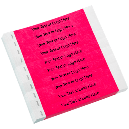 neon pink tyvek 1" solid wristband with a placeholder to customize with your text or logo shown in sheets of 10