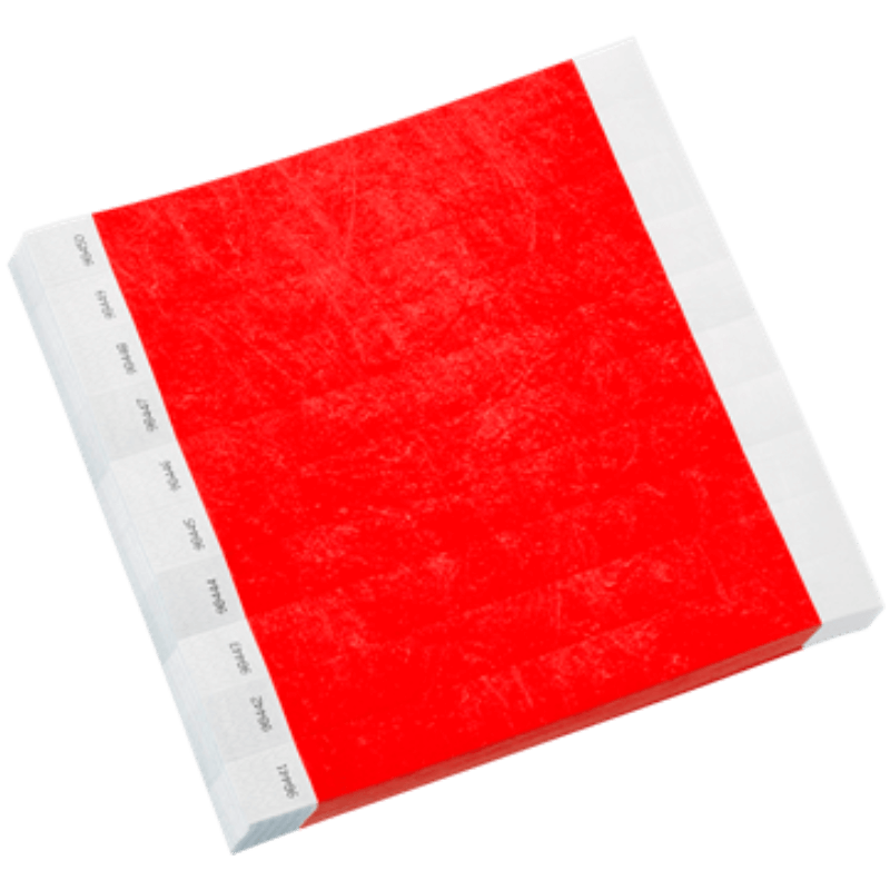 Neon red tyvek 1" solid wristbands in sheets of 10