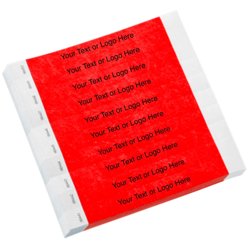 Neon red tyvek 1" solid wristband with a placeholder to customize with your text or logo shown in sheets of 10
