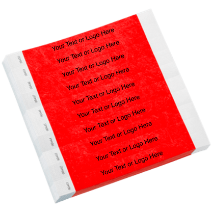 Neon red tyvek 1" solid wristband with a placeholder to customize with your text or logo shown in sheets of 10