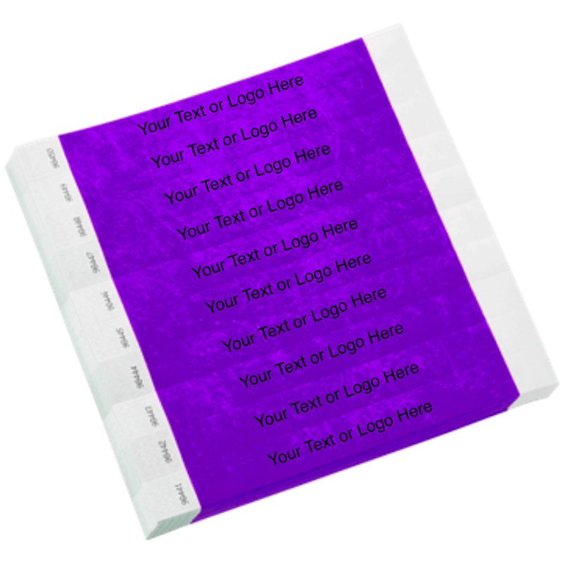 purple tyvek 1" solid wristband with a placeholder to customize with your text or logo shown in sheets of 10
