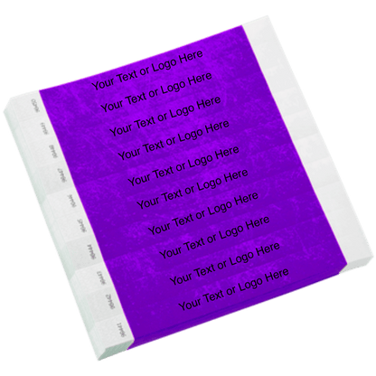 purple tyvek 1" solid wristband with a placeholder to customize with your text or logo shown in sheets of 10