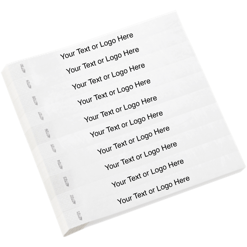 white tyvek 1" solid wristband with a placeholder to customize with your text or logo shown in sheets of 10