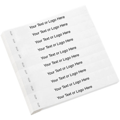 white tyvek 1" solid wristband with a placeholder to customize with your text or logo shown in sheets of 10