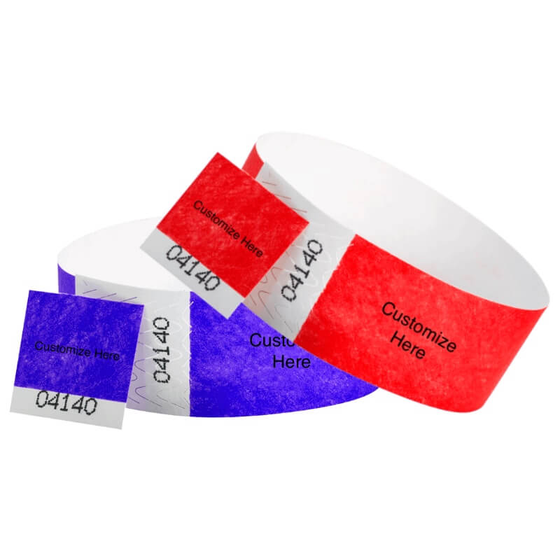 tyvek 1" detachable stub custom wristbands shown in purple and neon red with a placeholder to customize with a text or logo