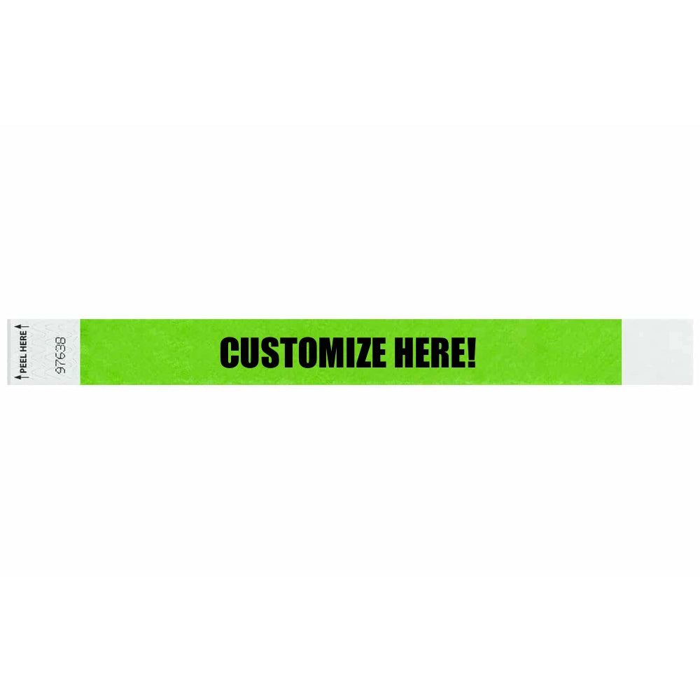 Tyvek 1" Litterfree wristband 1" in neon green with black text "CUSTOMIZE HERE!" - shown in flat 