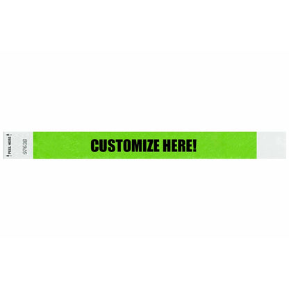 Tyvek 1" Litterfree wristband 1" in neon green with black text "CUSTOMIZE HERE!" - shown in flat 