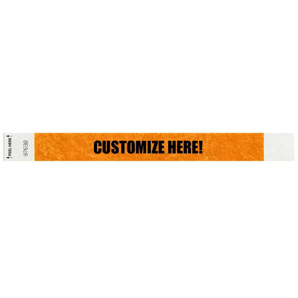 Tyvek 1" Litterfree wristband 1" in neon orange with black text "CUSTOMIZE HERE!" - shown in flat 