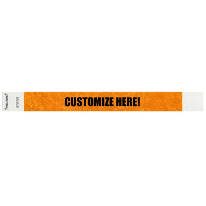 Tyvek 1" Litterfree wristband 1" in neon orange with black text "CUSTOMIZE HERE!" - shown in flat 