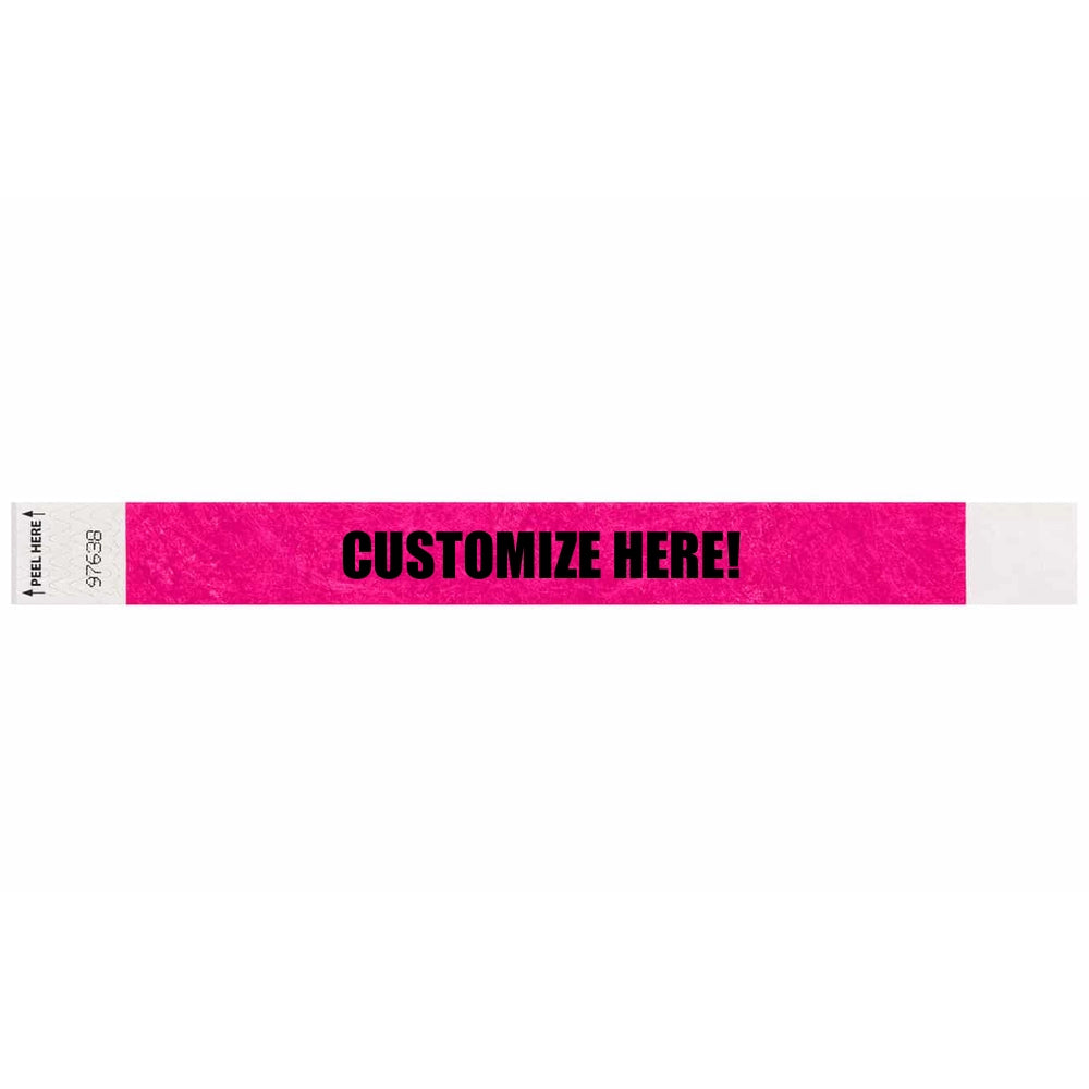 Tyvek 1" Litterfree wristband 1" in neon pink with black text "CUSTOMIZE HERE!" - shown in flat 