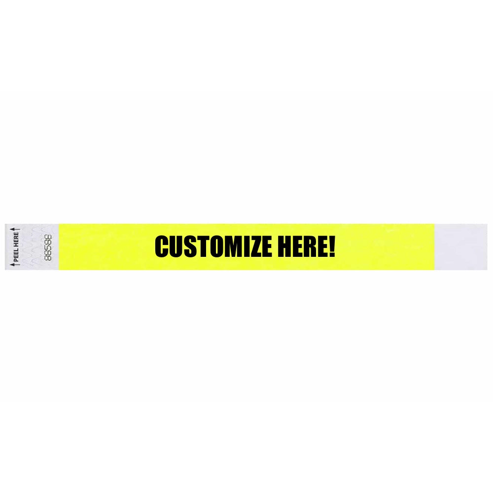 Tyvek 1" Litterfree wristband 1" in neon yellow with black text "CUSTOMIZE HERE!" - shown in flat 