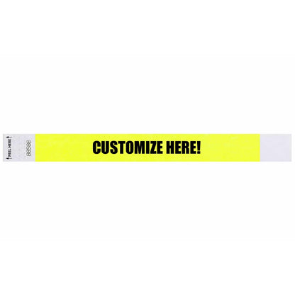 Tyvek 1" Litterfree wristband 1" in neon yellow with black text "CUSTOMIZE HERE!" - shown in flat 