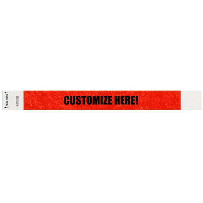 Tyvek 1" Litterfree wristband 1" in neon red with black text "CUSTOMIZE HERE!" - shown in flat 