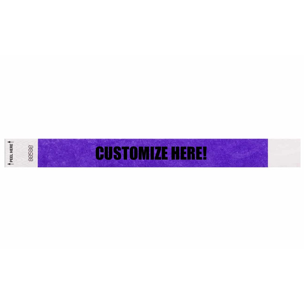 Tyvek 1" Litterfree wristband 1" in purple with black text "CUSTOMIZE HERE!" - shown in flat 