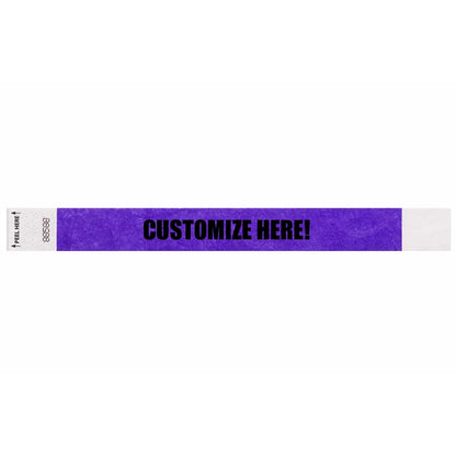 Tyvek 1" Litterfree wristband 1" in purple with black text "CUSTOMIZE HERE!" - shown in flat 