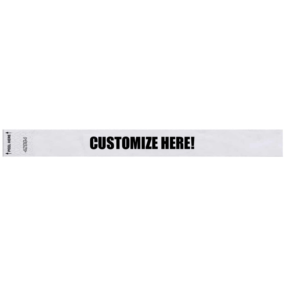 Tyvek 1" Litterfree wristband 1" in white with black text "CUSTOMIZE HERE!" - shown in flat 