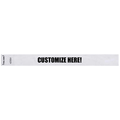 Tyvek 1" Litterfree wristband 1" in white with black text "CUSTOMIZE HERE!" - shown in flat 